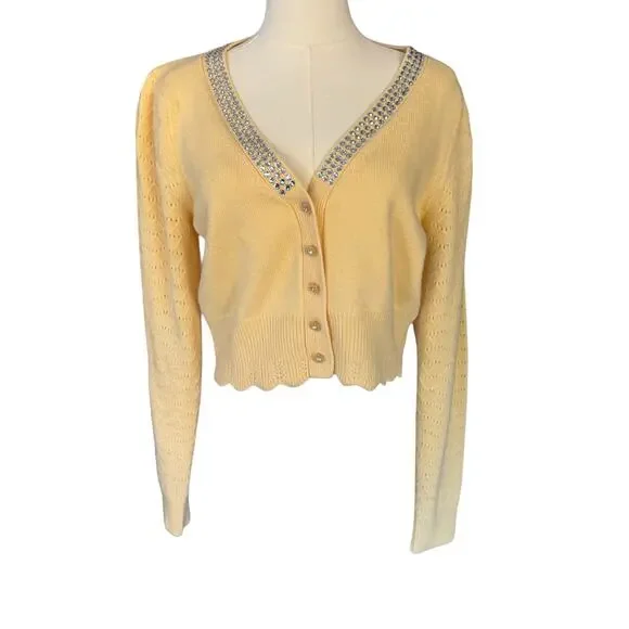 LoveShackFancy Brynner Wool Cashmere Cropped Cardigan Sweater Yellow Medium - Picture 4 of 12